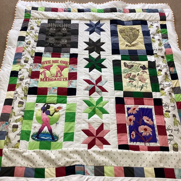 New Handmade T-Shirt Quilt Throw Thick Blanket Warm Winter Bedding - Picture 1 of 14